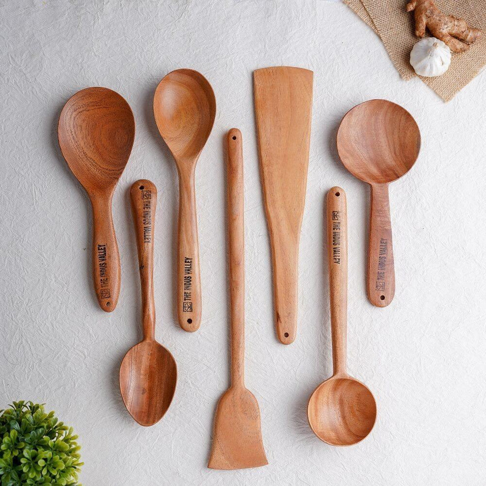 100% Natural Neem Wood Cooking & Serving Spoons/Spatula/Ladles, Set of 7, Toxin-free, Anti-microbial